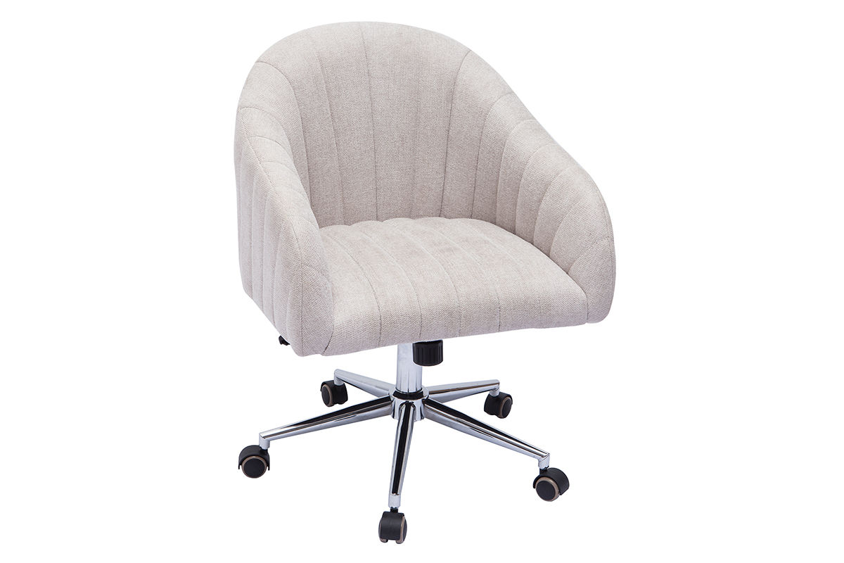 Chaise de bureau  roulettes en tissu effet velours textur beige naturel et acier chrom ROMI