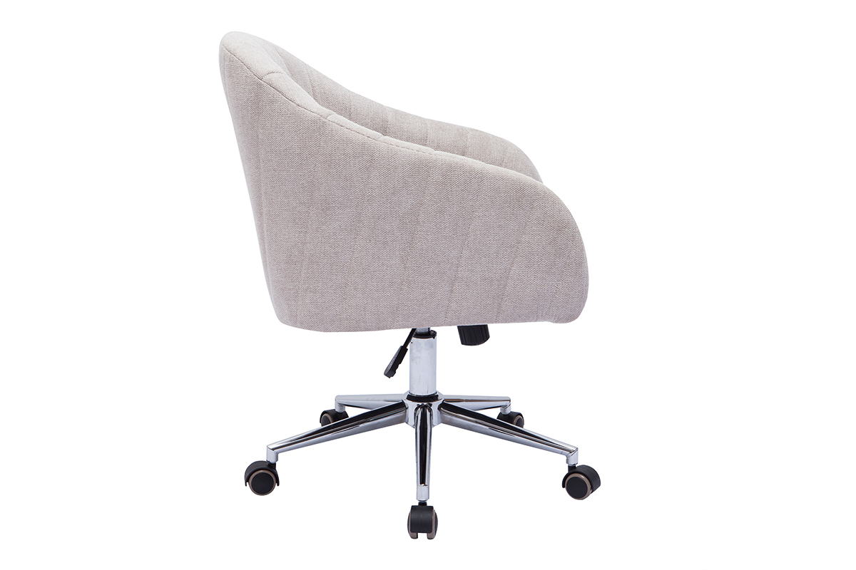 Chaise de bureau  roulettes en tissu effet velours textur beige naturel et acier chrom ROMI