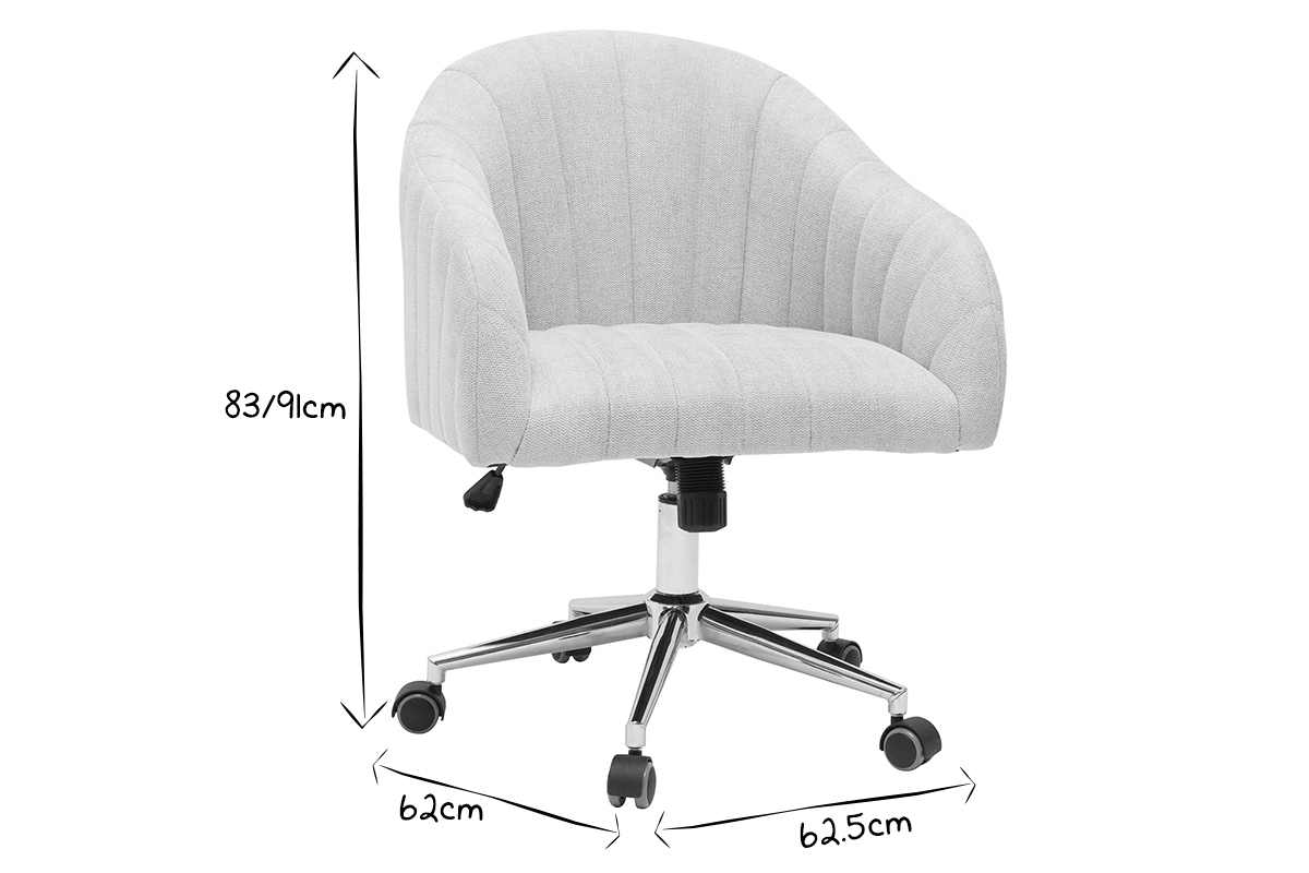 Chaise de bureau  roulettes en tissu effet velours textur beige naturel et acier chrom ROMI