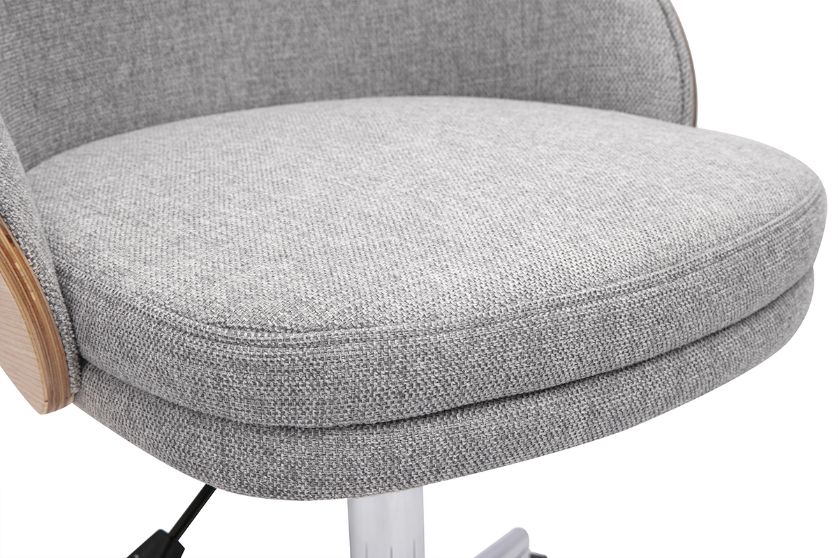Chaise de bureau � roulettes en tissu effet velours textur� gris, bois clair et m�tal chrom� TUCSON