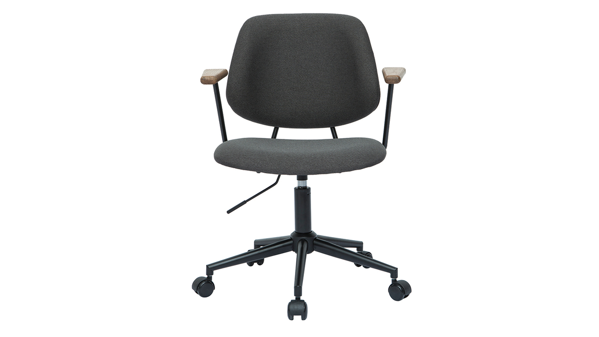 Chaise de bureau  roulettes en tissu gris anthracite, chne massif et mtal noir BARNET