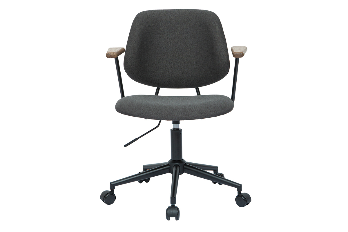 Chaise de bureau  roulettes en tissu gris anthracite, chne massif et mtal noir BARNET