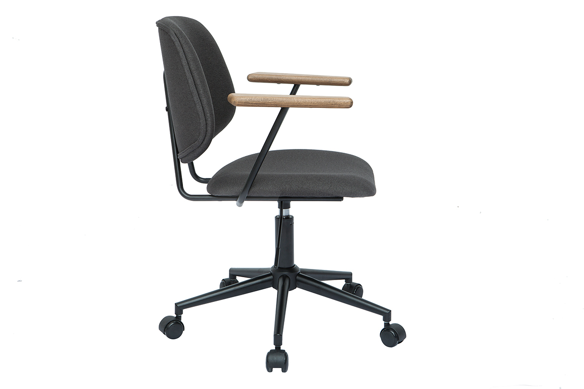 Chaise de bureau  roulettes en tissu gris anthracite, chne massif et mtal noir BARNET