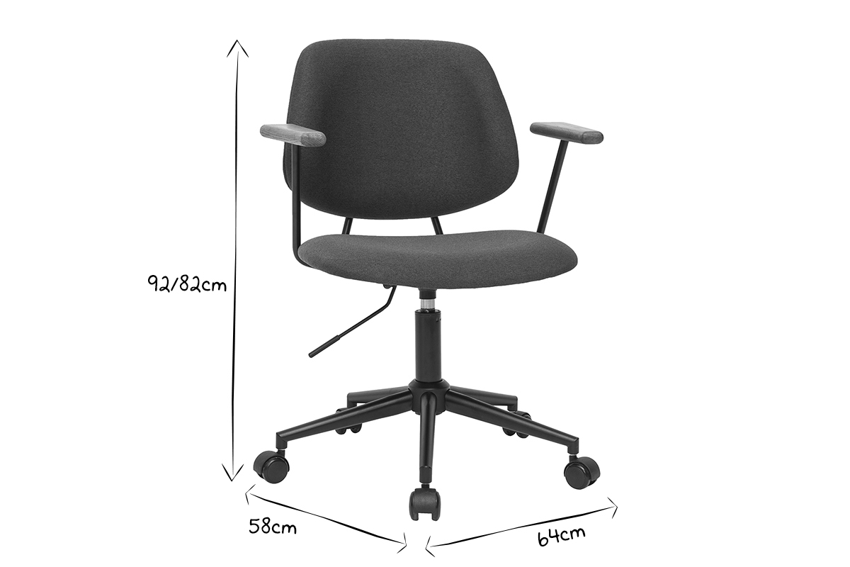 Chaise de bureau  roulettes en tissu gris anthracite, chne massif et mtal noir BARNET