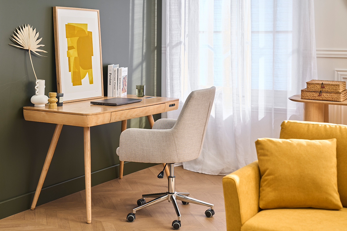 Chaise de bureau � roulettes en tissu gris clair et acier chrom� SHANA