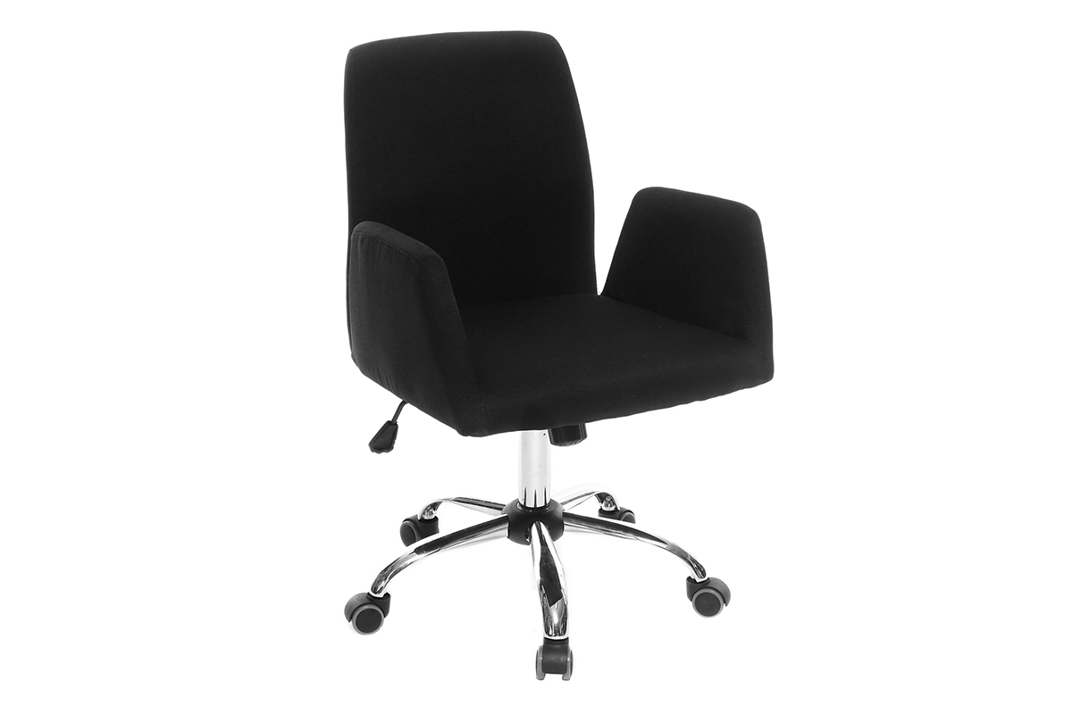 Chaise de bureau � roulettes en tissu noir et acier chrom� ARIEL