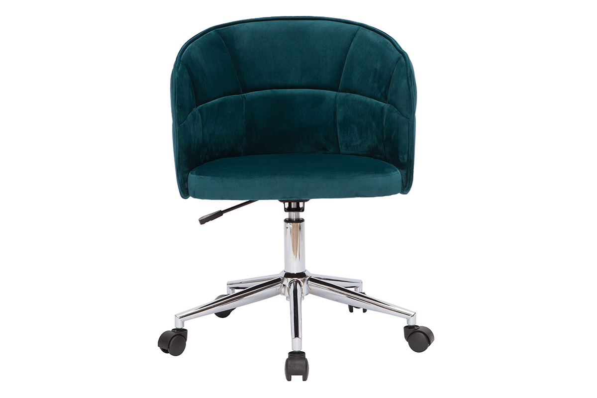 Chaise de bureau  roulettes en tissu velours bleu ptrole et acier chrom JOLLY