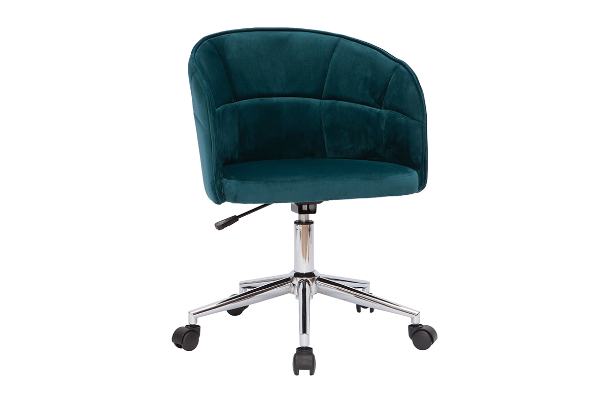 Chaise de bureau  roulettes en tissu velours bleu ptrole et acier chrom JOLLY