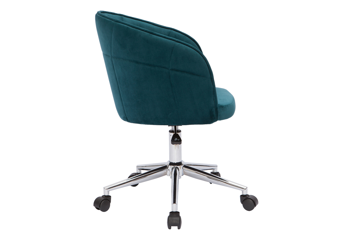 Chaise de bureau  roulettes en tissu velours bleu ptrole et acier chrom JOLLY