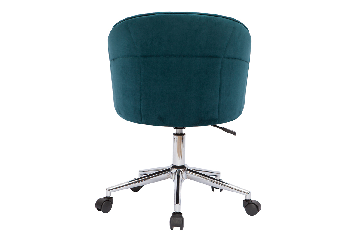 Chaise de bureau  roulettes en tissu velours bleu ptrole et acier chrom JOLLY