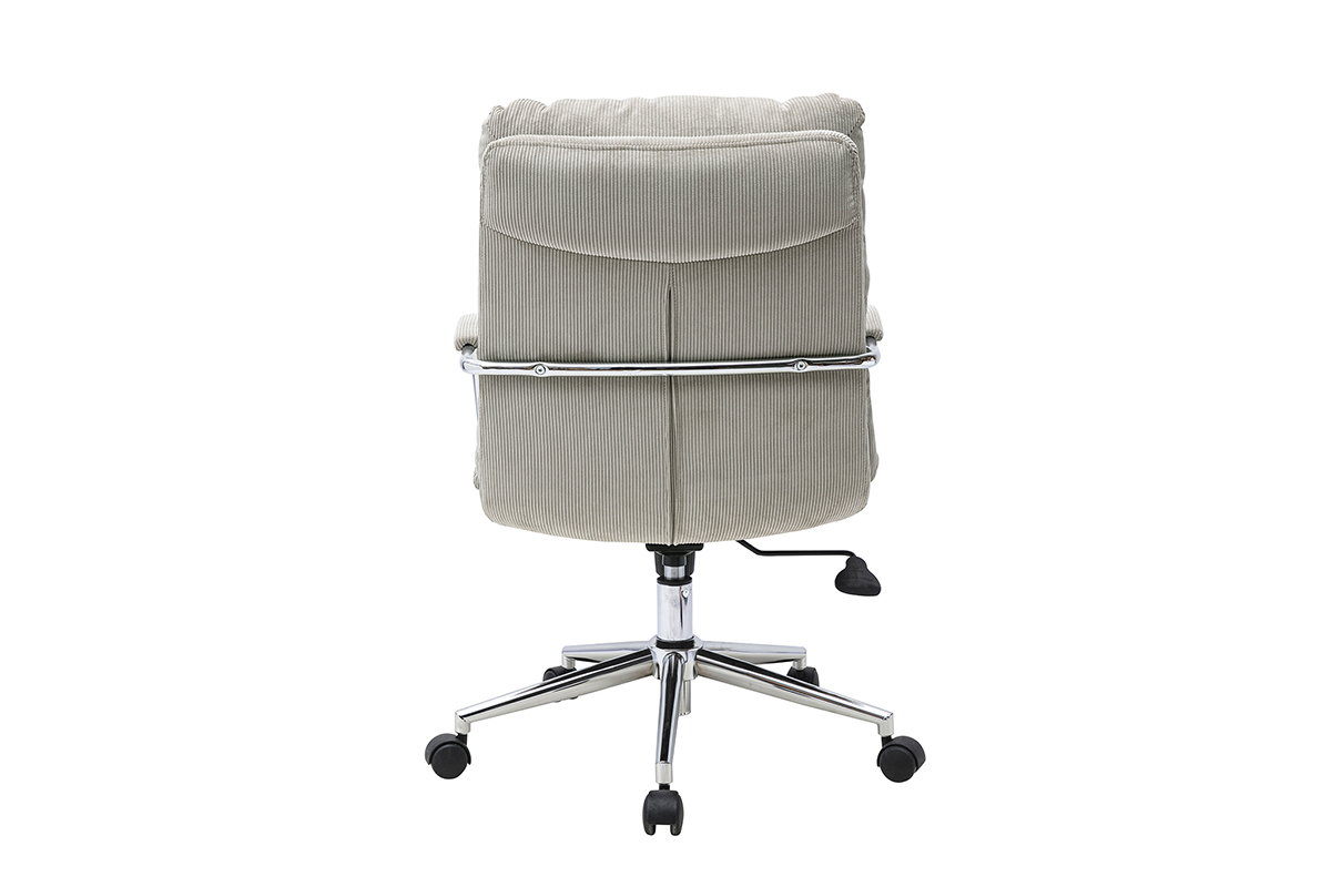 Chaise de bureau � roulettes en tissu velours c�tel� taupe et m�tal chrom� MIRABEAU