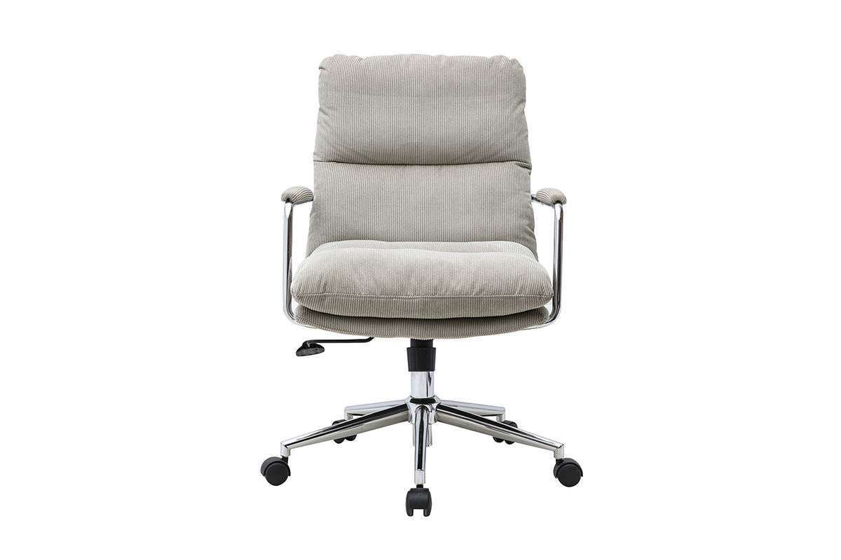 Chaise de bureau � roulettes en tissu velours c�tel� taupe et m�tal chrom� MIRABEAU