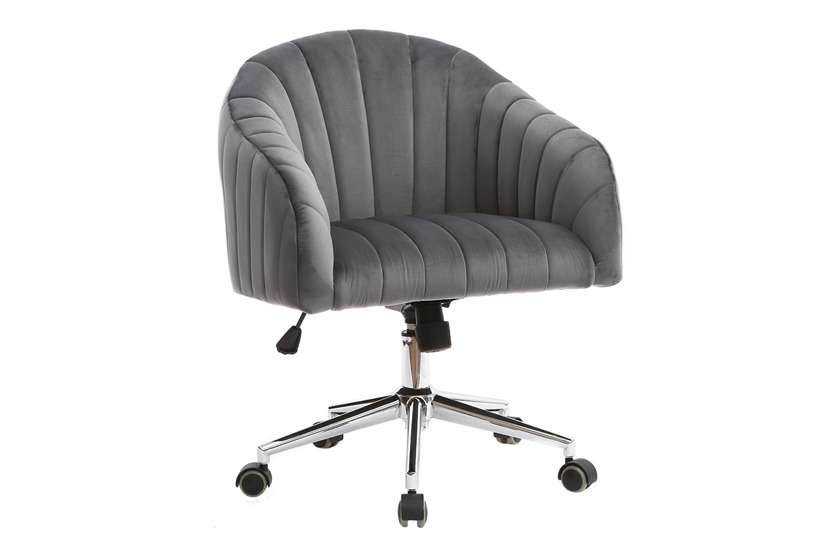 Chaise de bureau � roulettes en tissu velours gris fonc� et acier chrom� ROMI