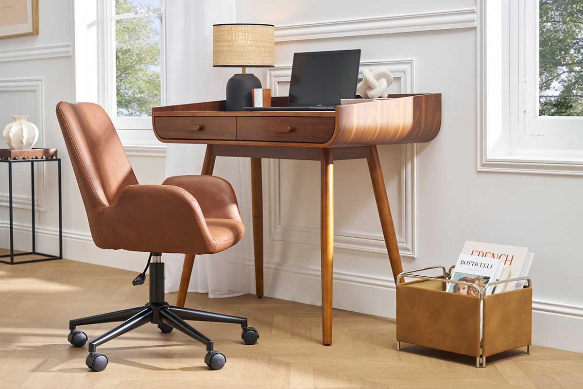 Chaise de bureau � roulettes marron et m�tal noir ALBAN