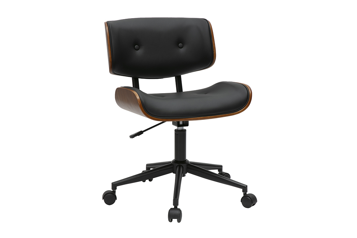 Chaise de bureau  roulettes noire et bois fonc BASILE