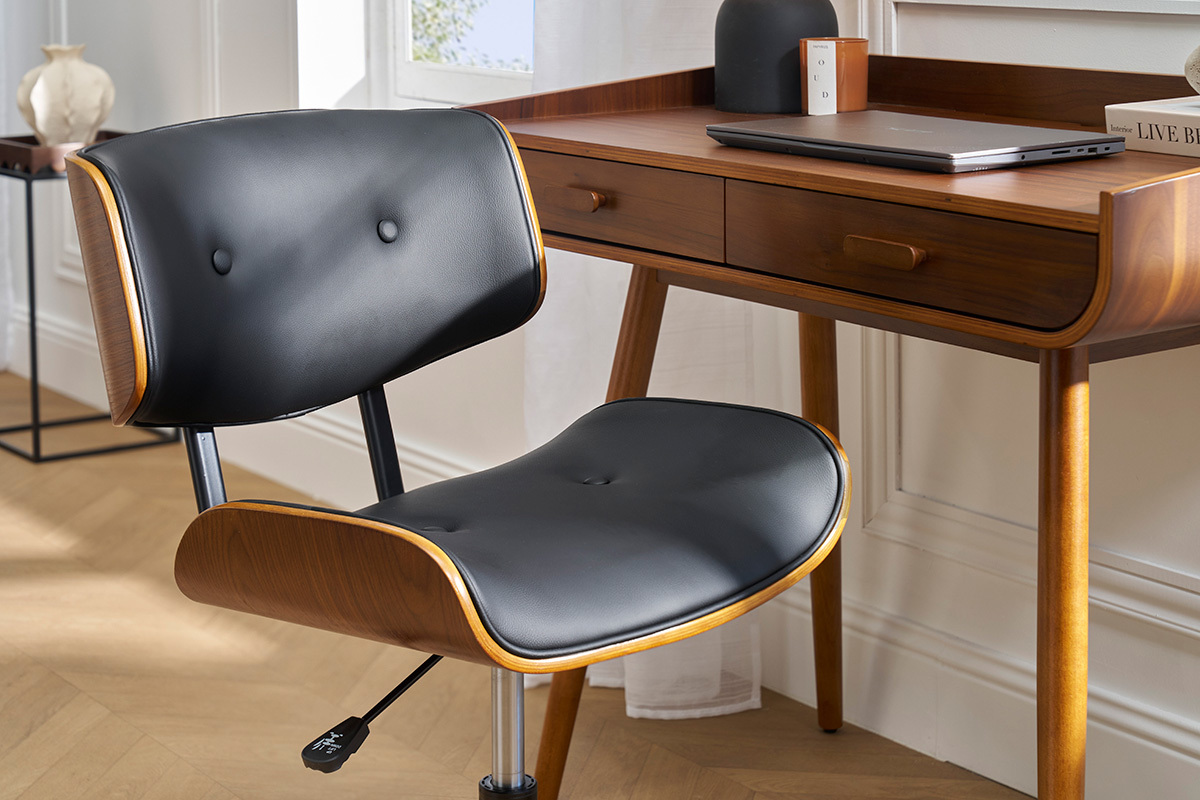 Chaise de bureau  roulettes noire et bois fonc BASILE