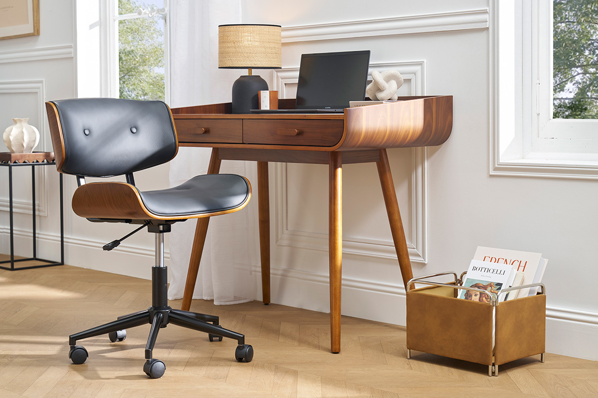 Chaise de bureau  roulettes noire et bois fonc BASILE
