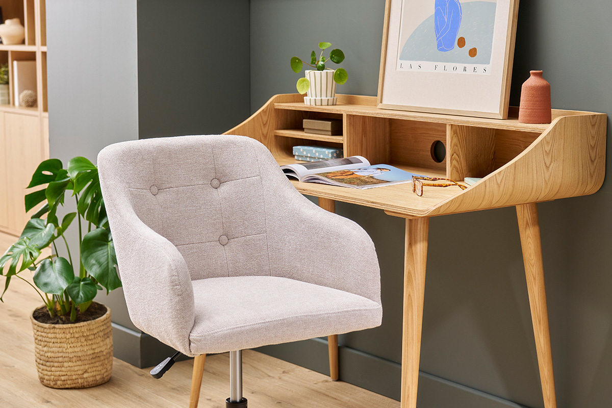Chaise de bureau capitonne  roulettes en tissu effet velours textur beige et mtal noir BALTIK