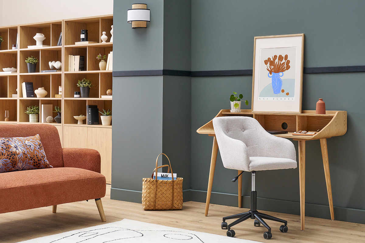 Chaise de bureau capitonne  roulettes en tissu effet velours textur beige et mtal noir BALTIK