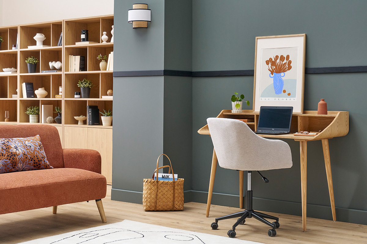 Chaise de bureau capitonne  roulettes en tissu effet velours textur beige et mtal noir BALTIK