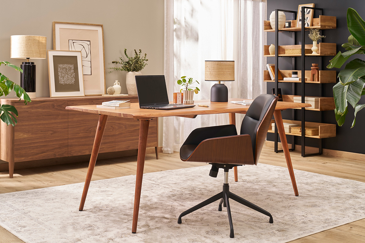 Chaise de bureau design pivotante 360 noir, bois fonc et mtal noir MARLOW