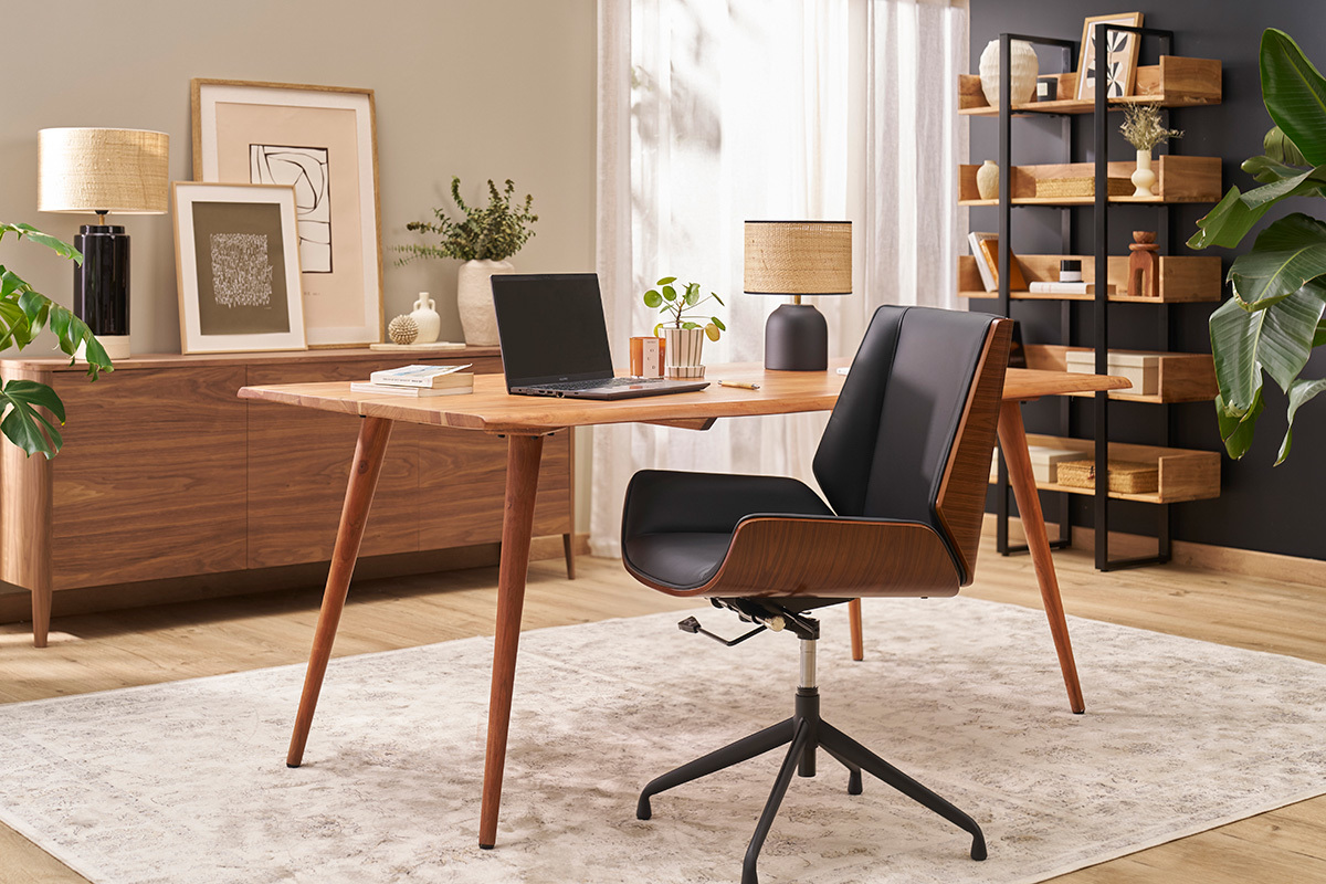 Chaise de bureau design pivotante 360 noir, bois fonc noyer et mtal noir CURVED