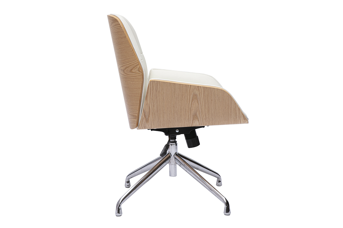 Chaise de bureau design pivotante 360� blanche, bois clair et m�tal chrom� MARLOW