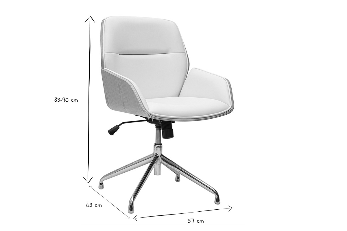 Chaise de bureau design pivotante 360� blanche, bois clair et m�tal chrom� MARLOW