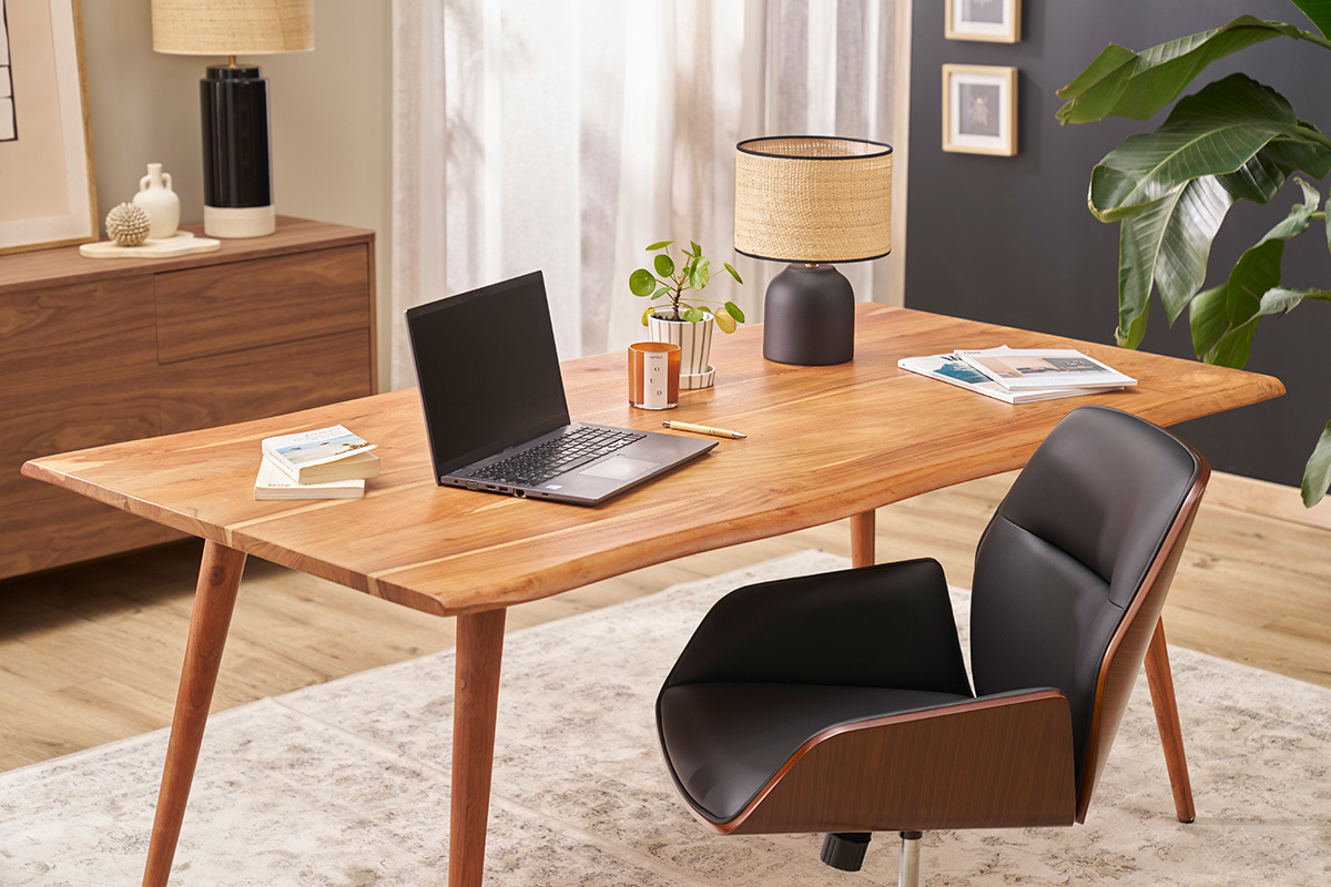 Chaise de bureau design pivotante 360� noire, bois fonc� et m�tal noir MARLOW