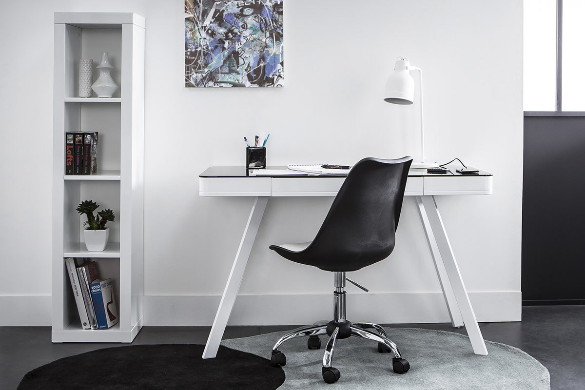 Chaise design  roulettes noire avec assise blanche NEW STEEVY