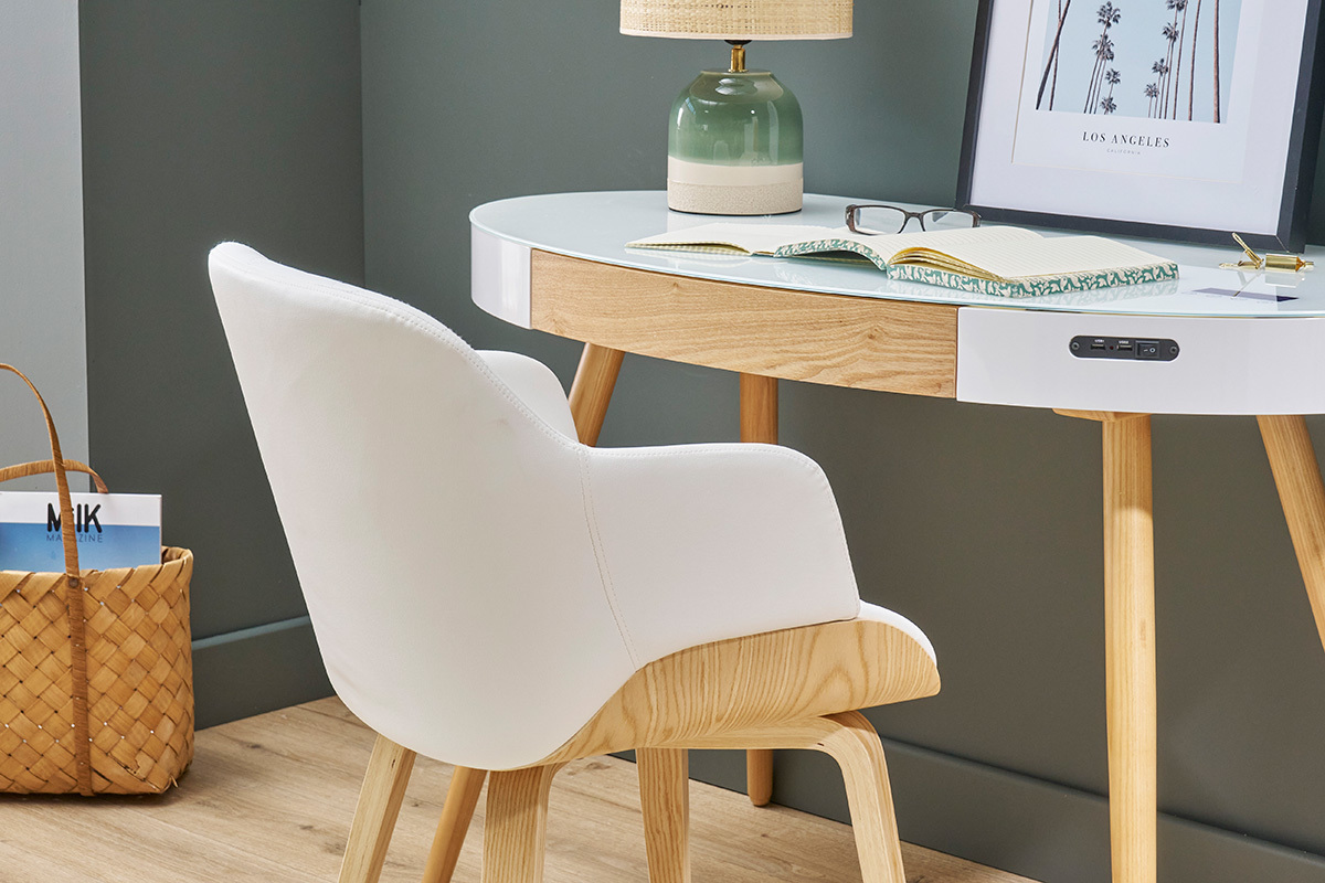 Chaise design blanc et bois clair LUCIEN