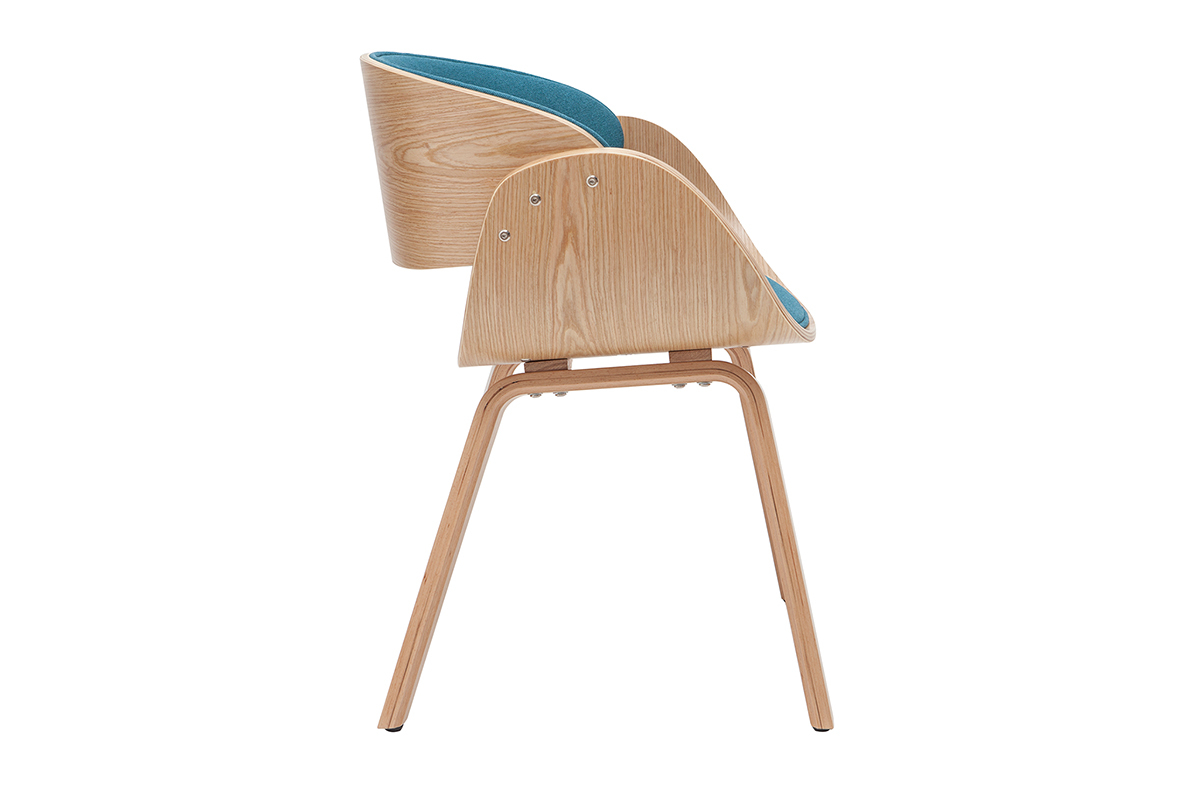 Chaise design en tissu bleu canard et bois clair BENT