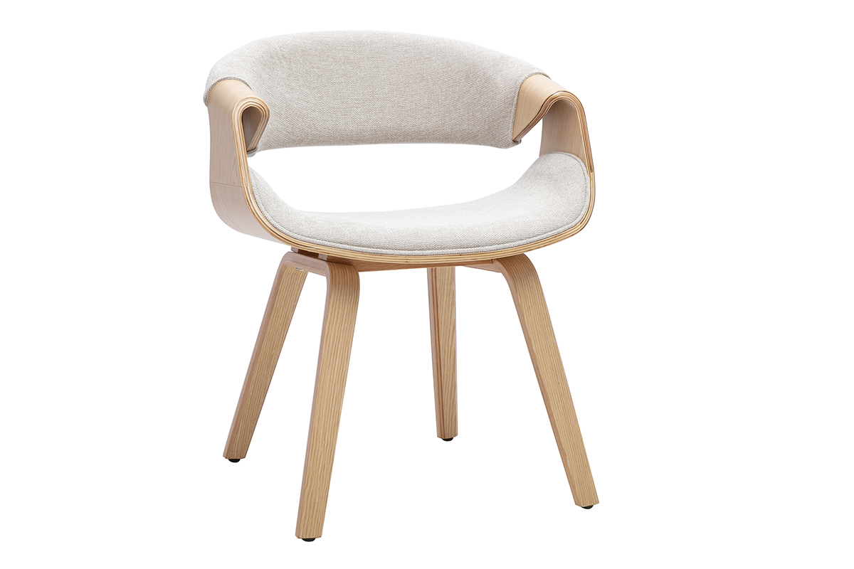 Chaise design en tissu effet velours textur� beige et bois clair ARAMIS