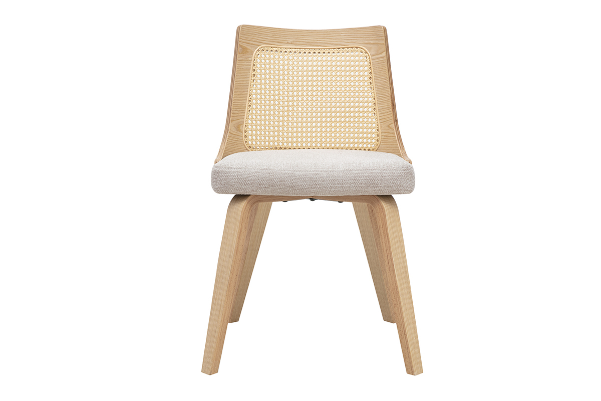 Chaise en tissu effet velours textur� beige, bois clair et cannage rotin GARBO