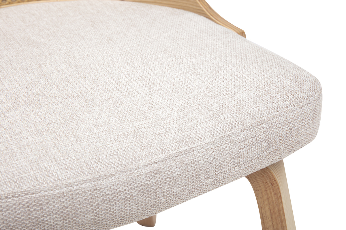 Chaise en tissu effet velours textur� beige, bois clair et cannage rotin GARBO