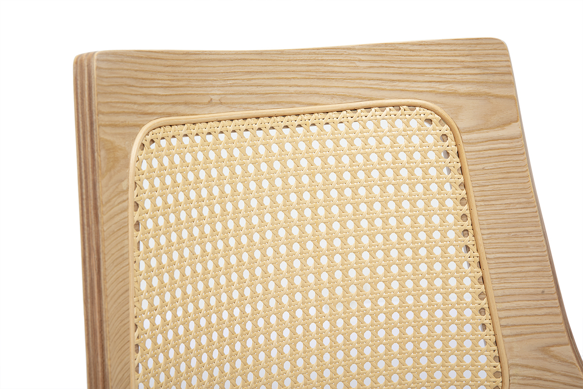 Chaise en tissu effet velours textur� beige, bois clair et cannage rotin GARBO