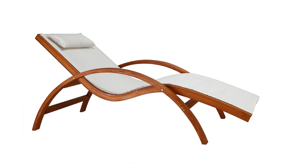 Chaise longue bain de soleil blanc cass et bois massif BIARRITZ