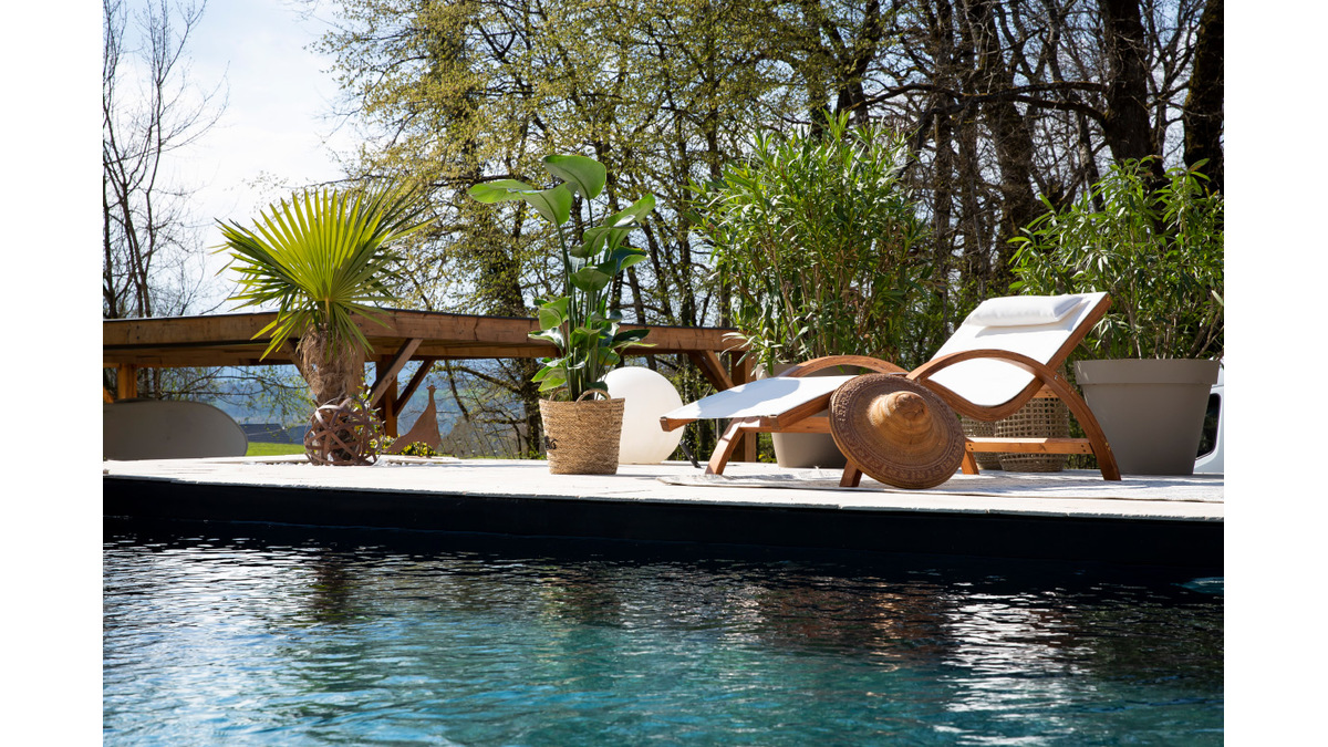 Chaise longue bain de soleil blanc cass et bois massif BIARRITZ