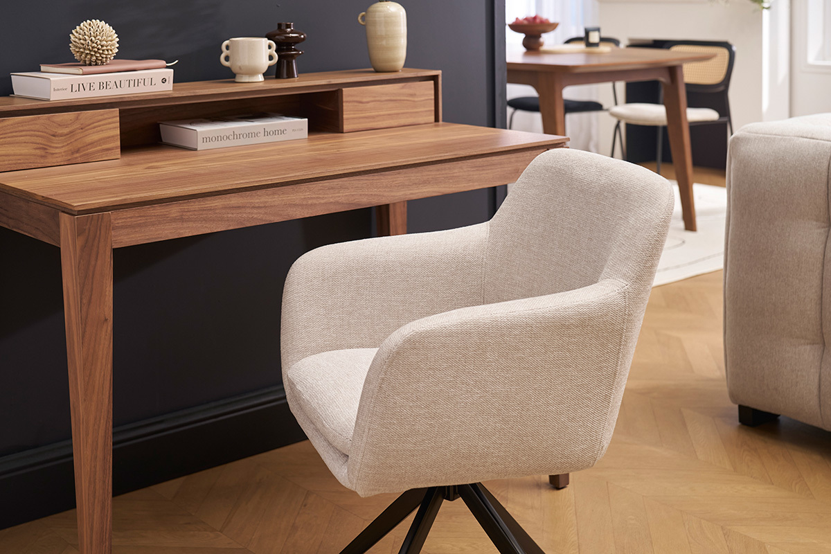 Chaise pivotante 360� en tissu effet velours textur� beige et m�tal noir AMIKA