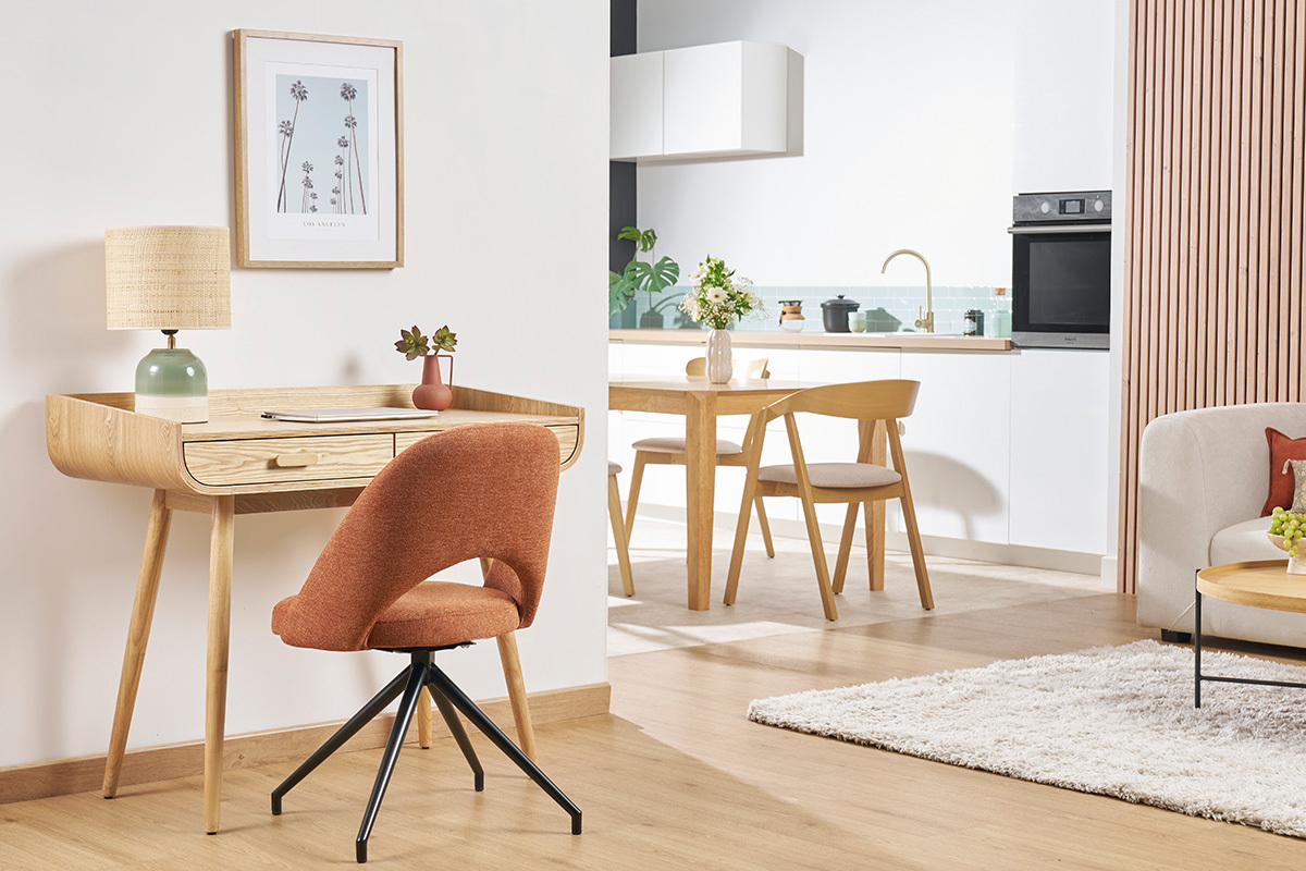 Chaise pivotante 360� en tissu effet velours textur� terre br�l�e et m�tal noir COSETTE