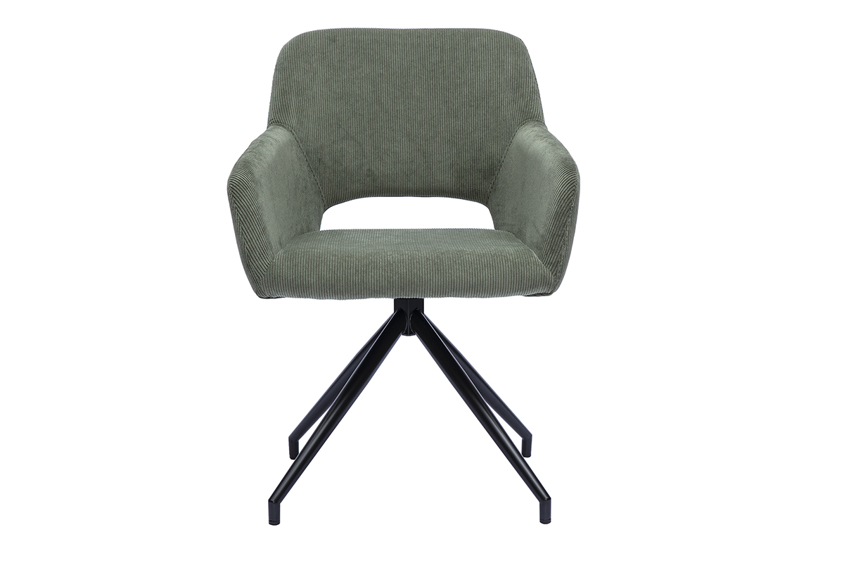 Chaise pivotante 360� en tissu velours c�tel� vert kaki et m�tal noir LAURETTE