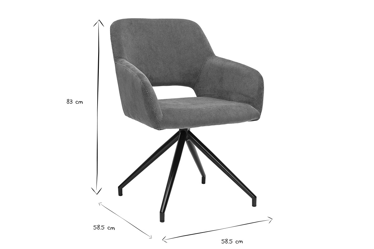 Chaise pivotante 360� en tissu velours c�tel� vert kaki et m�tal noir LAURETTE