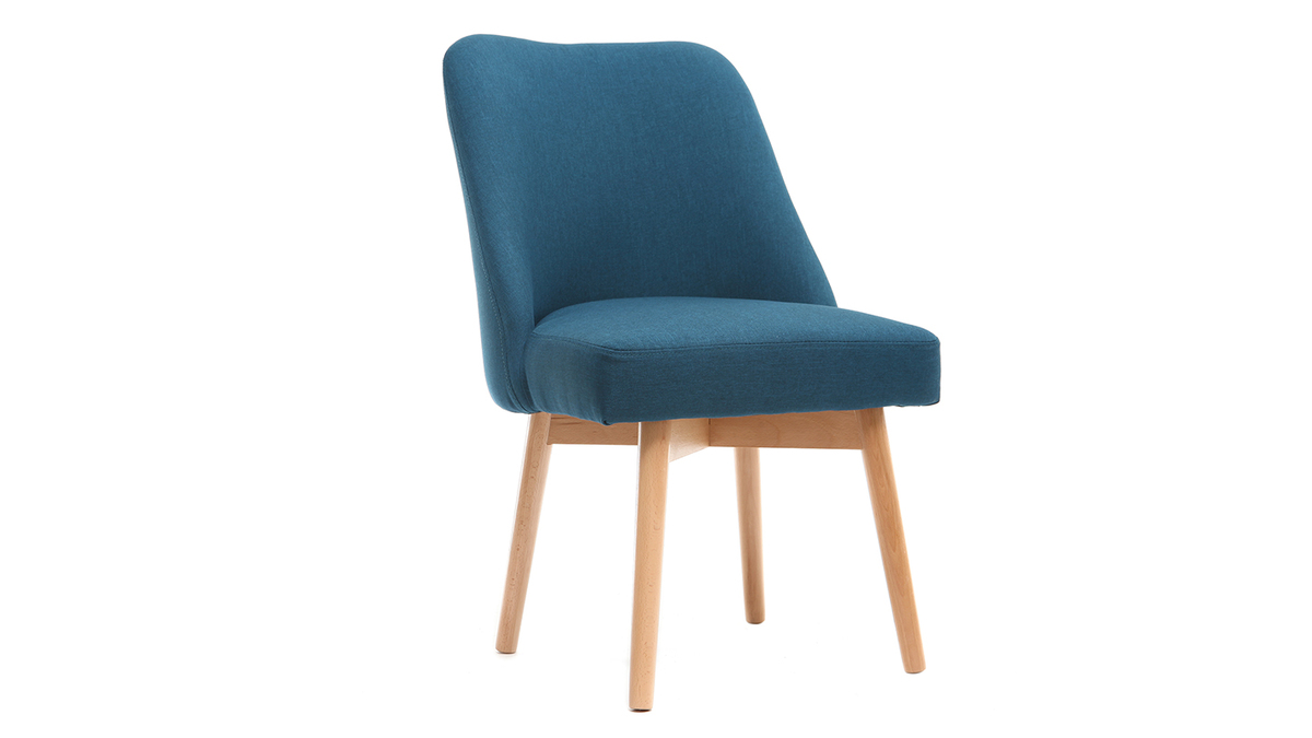 Chaise scandinave en tissu bleu canard et bois clair massif LIV