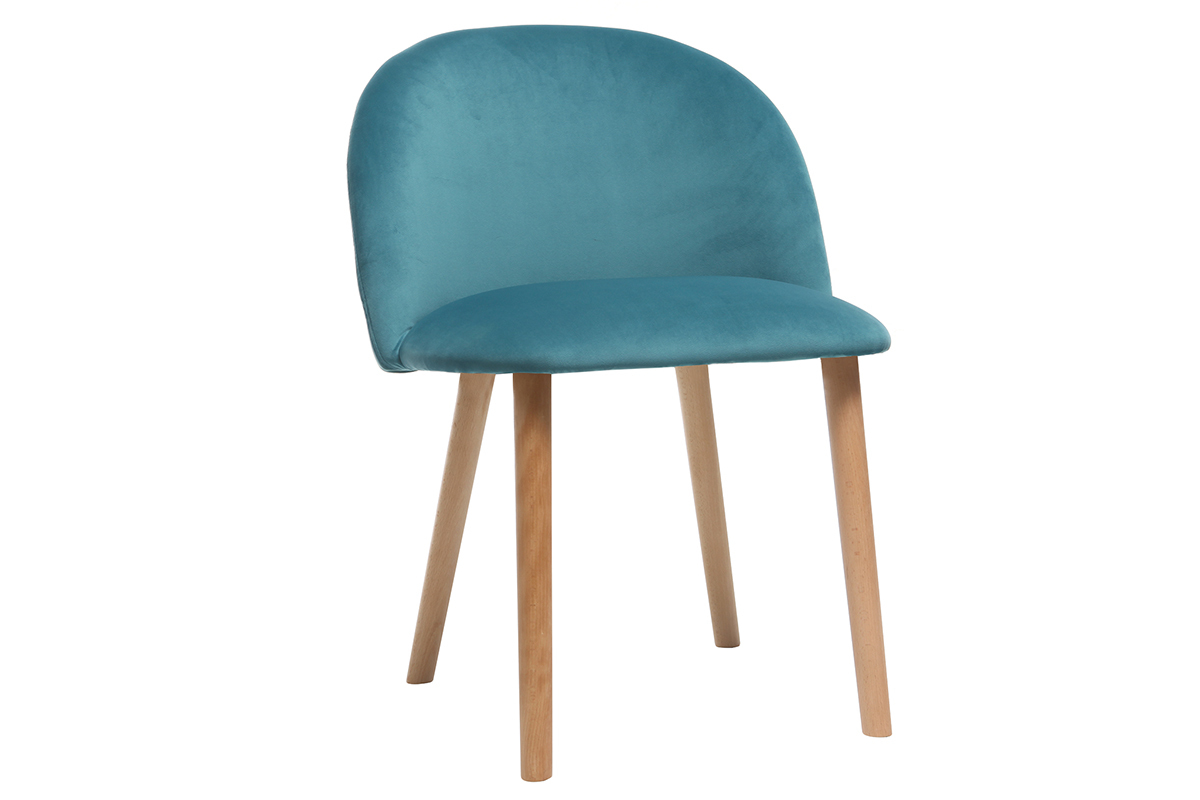 Chaise scandinave velours bleu canard et bois CELESTE