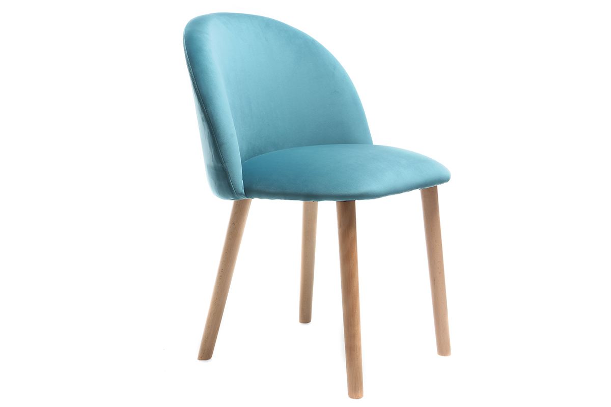 Chaise scandinave velours bleu canard et bois CELESTE