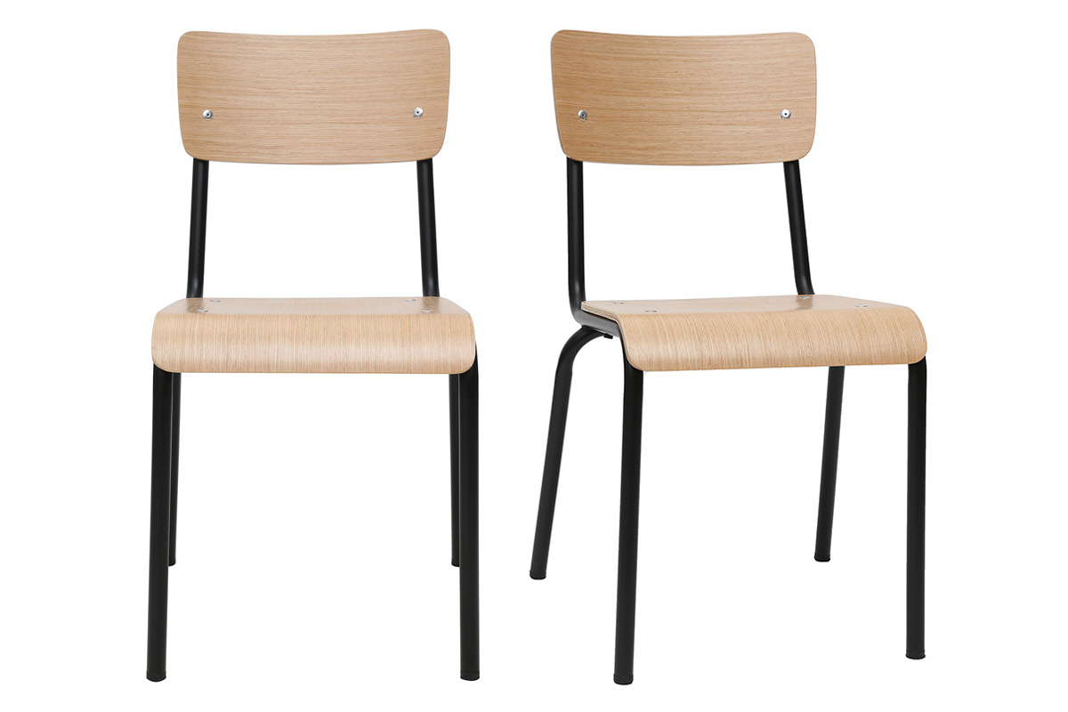 Chaises d'�colier empilables en m�tal noir et bois clair (lot de 2) SCHOOL