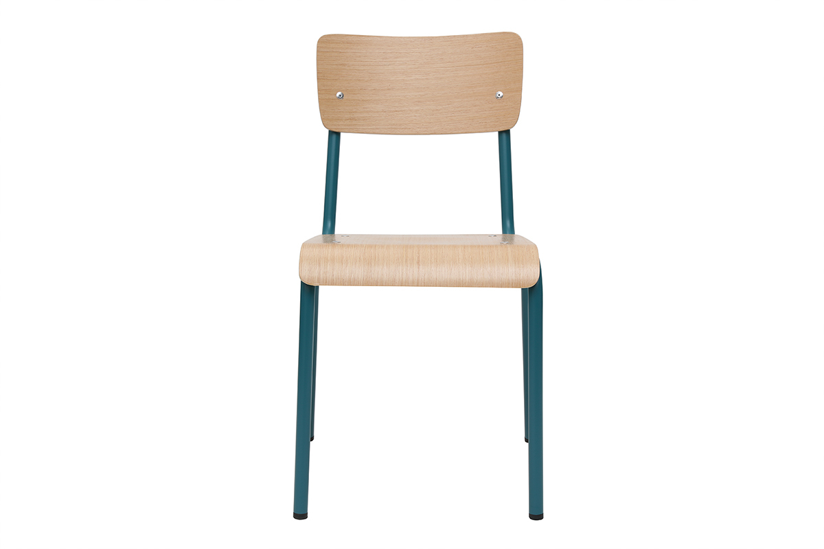 Chaises d'�coliers empilables en m�tal bleu canard et bois clair (lot de 2) SCHOOL