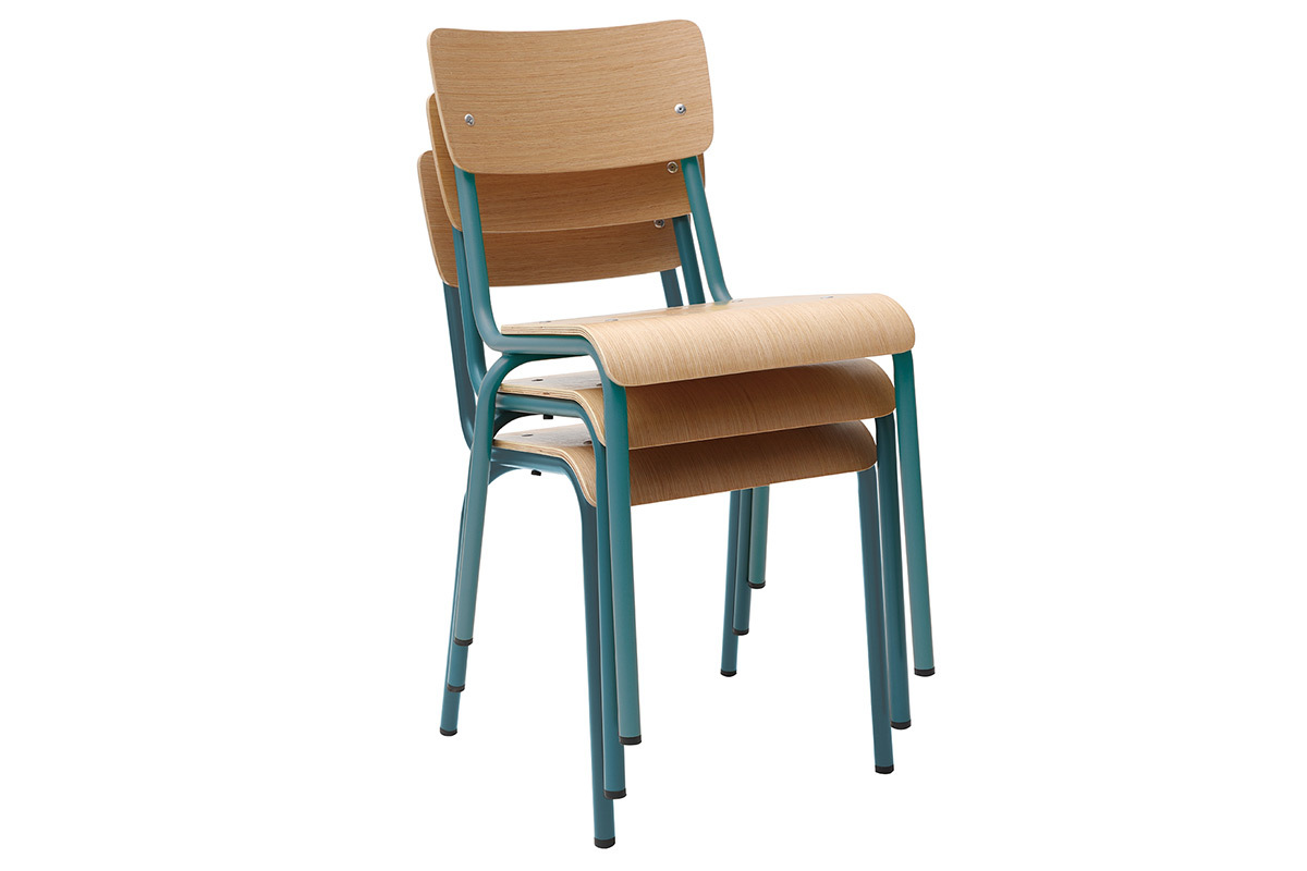 Chaises d'�coliers empilables en m�tal bleu canard et bois clair (lot de 2) SCHOOL