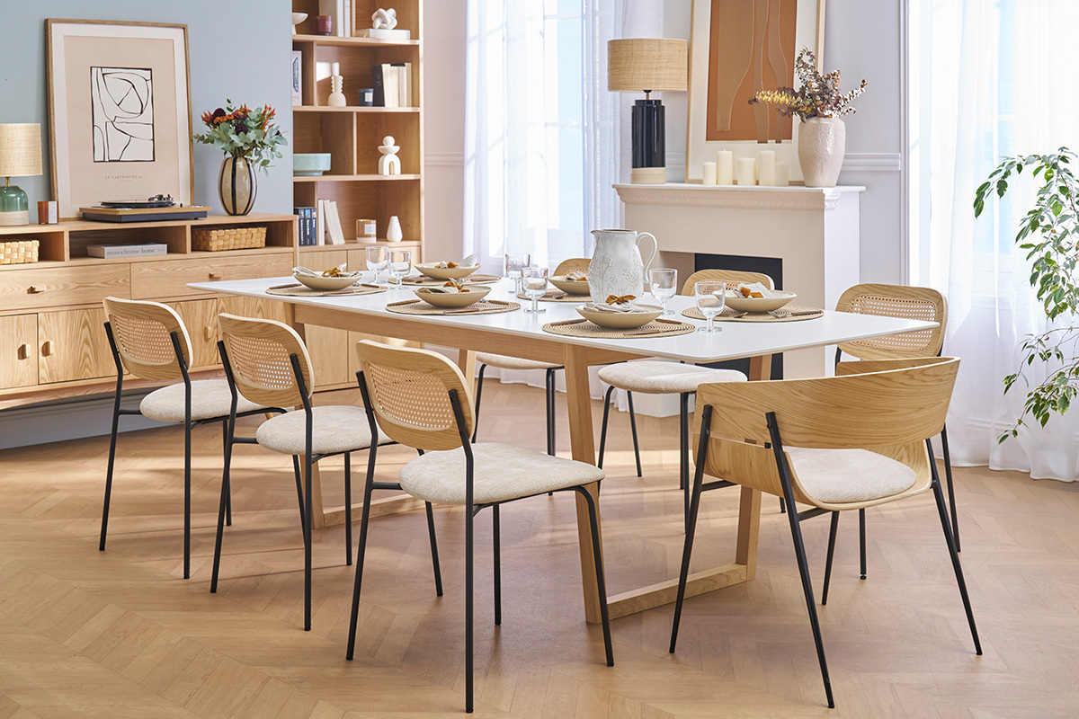 Chaises design bois clair et tissu chenille beige (lot de 2) WESS