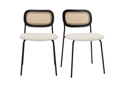 Chaises design en tissu effet laine bouclée blanc, métal noir et cannage rotin (lot de 2) MIRANDA